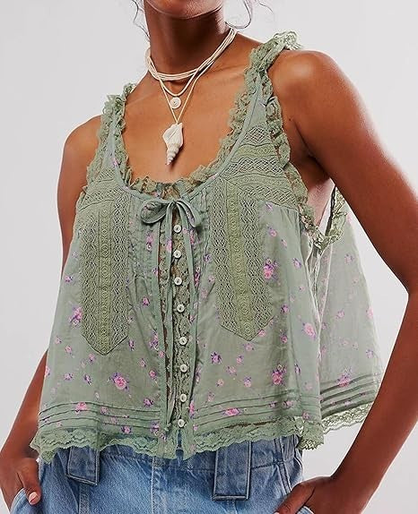 WOWULOVELY Women LaceTrim Tank Tops Sleeveless Ruffled Lace Trim Chiffon Top 