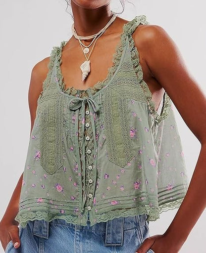 WOWULOVELY Women LaceTrim Tank Tops Sleeveless Ruffled Lace Trim Chiffon Top 