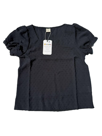 Girls Black Short Sleeve Ruffle Crewneck Top (Kids 7Y-8Y)