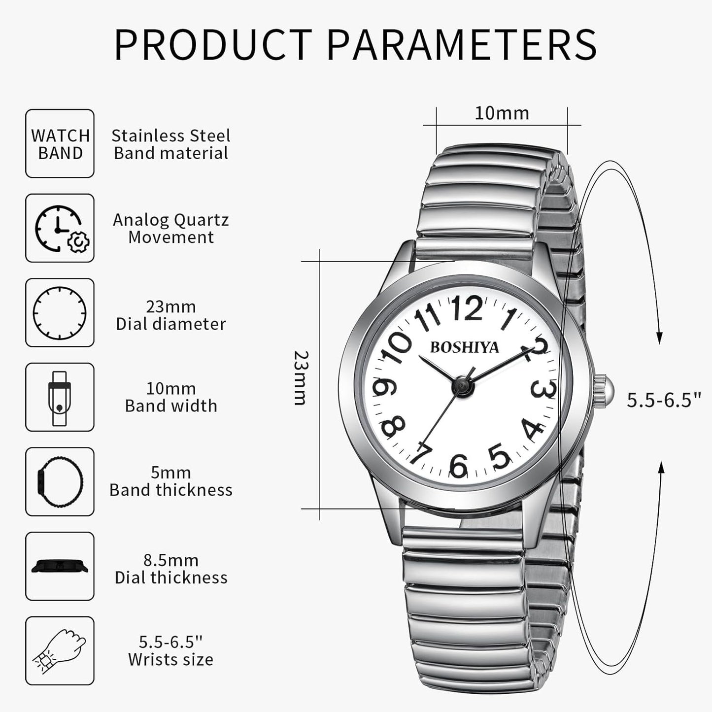 BOSHIYA Small Silver Women's Watch, Easy Reader Analog Ladies Quartz