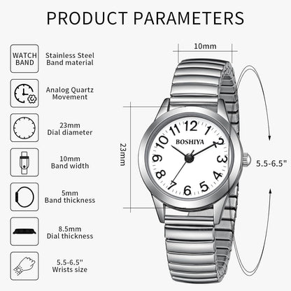 BOSHIYA Small Silver Women's Watch, Easy Reader Analog Ladies Quartz