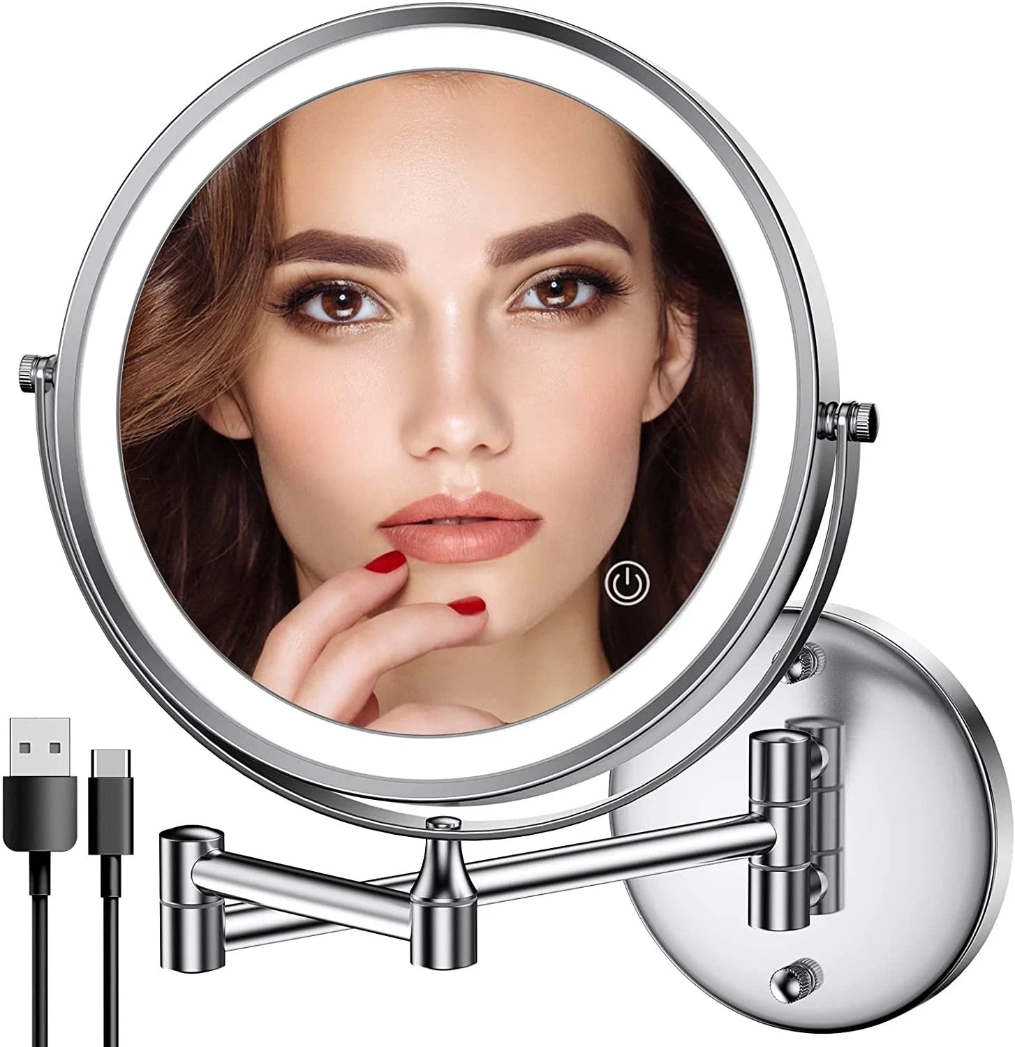 Rechargeable Wall Mounted Lighted Makeup Mirror Chrome, 8 Inch Double-Sided LED