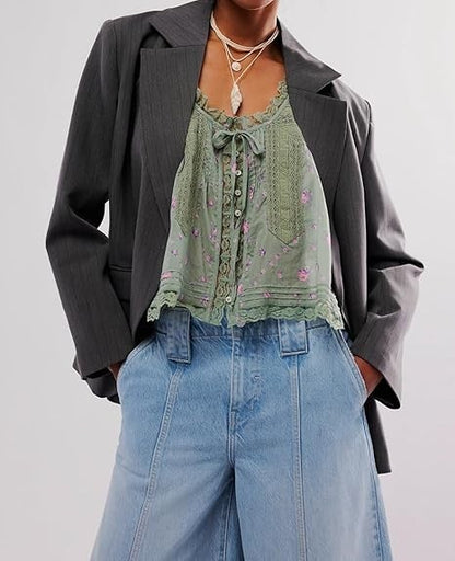 WOWULOVELY Women LaceTrim Tank Tops Sleeveless Ruffled Lace Trim Chiffon Top 