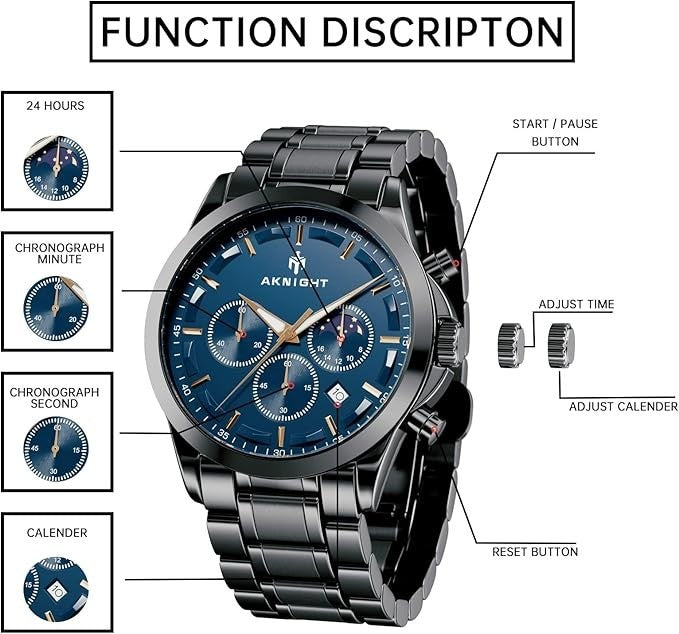 AKNIGHT Men's Watches 45mm Big Face, Waterproof Chronograph Black & Blue