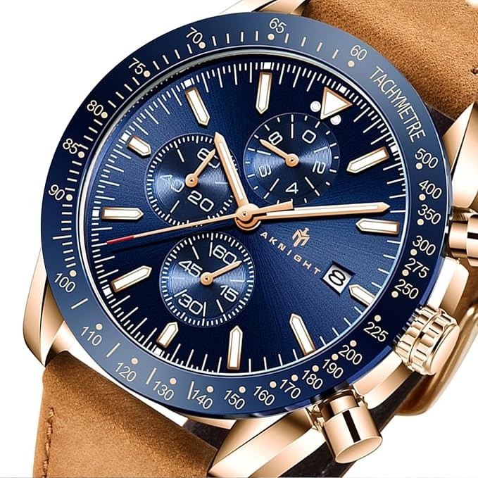 AKNIGHT Leather Watch for Men  Analog Chronograph Waterproof Copper & Blue