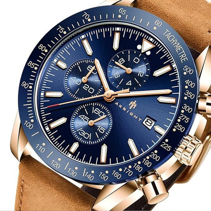 AKNIGHT Leather Watch for Men  Analog Chronograph Waterproof Copper & Blue