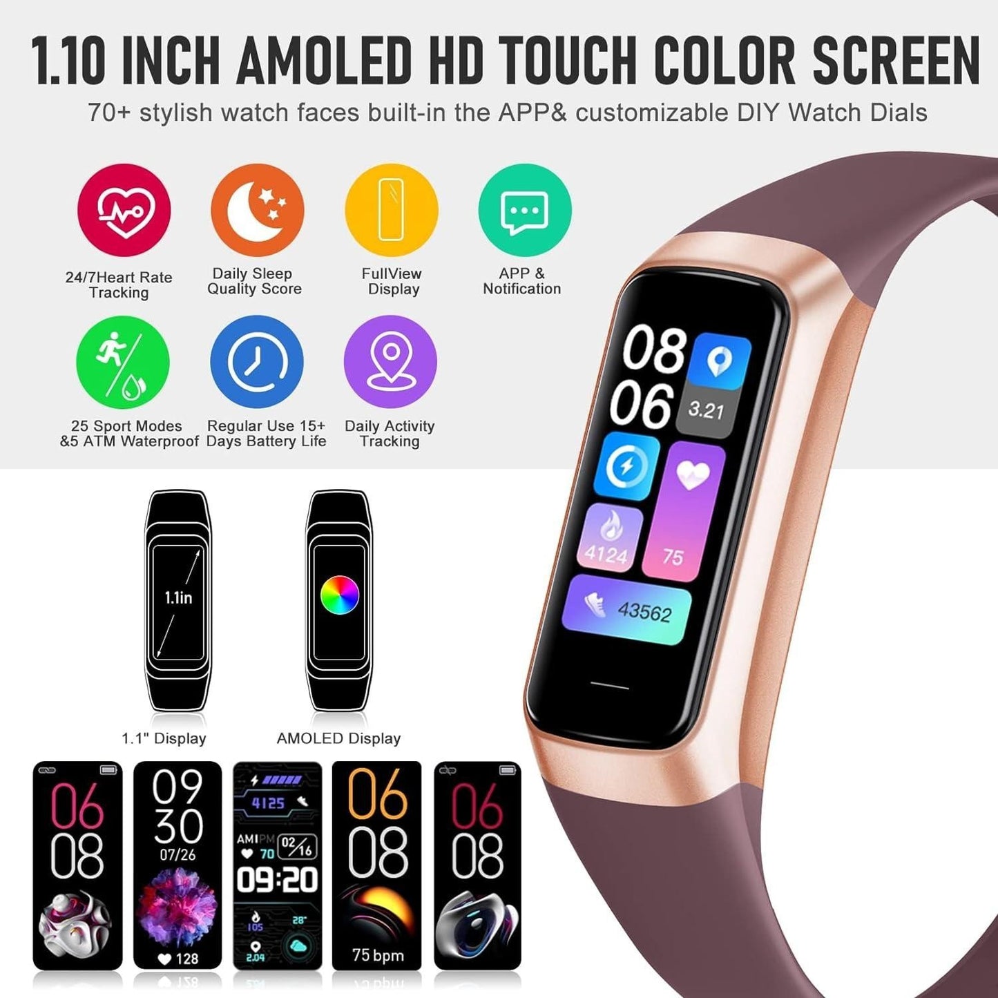 New Health Smartwatch, 1.1 Inch, AMOLED, HD Screen, 25 Kinds Sports Monitoring