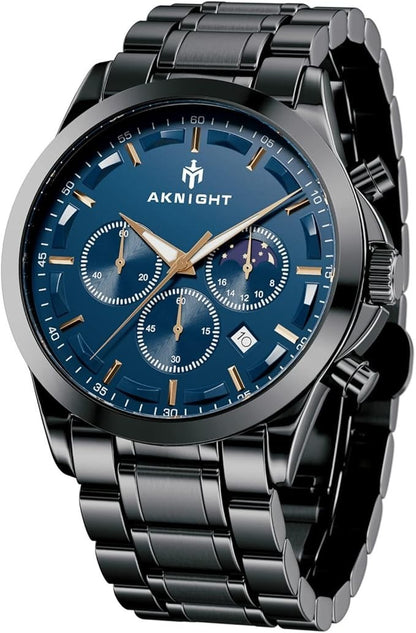 AKNIGHT Men's Watches 45mm Big Face, Waterproof Chronograph Black & Blue