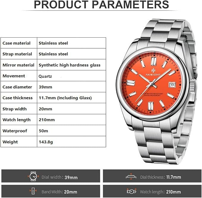 AKNIGHT Stainless Steel Watch Unisex  Analog Chronograph Waterproof Silver & Red