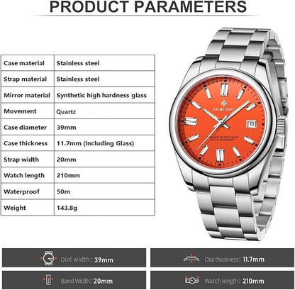 AKNIGHT Stainless Steel Watch Unisex  Analog Chronograph Waterproof Silver & Red