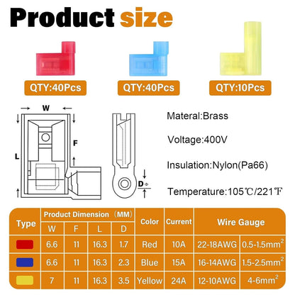 90PCS 3 Values 90 Degree Right Angle Flag Spade Connector Wire Terminal Crimp