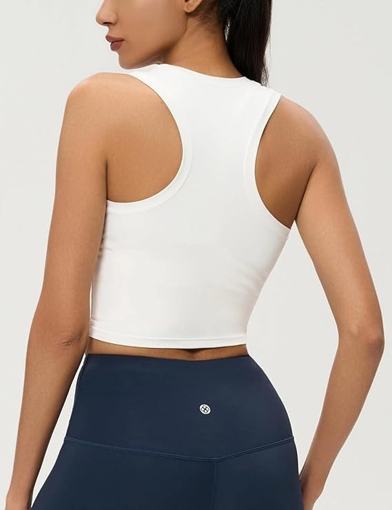 Women's High Neck Crop Top Sleeveless Racer Back Basic Workout Tank Tops - White