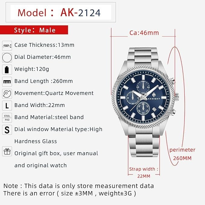 BENYAR AKNIGHT Men's Watches 45mm Big Face, Waterproof Chronograph Silver & Blue