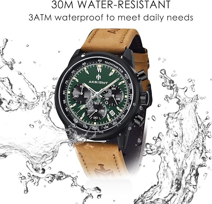 AKNIGHT Leather Watch for Men  Analog Chronograph Waterproof Black & Green