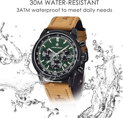 AKNIGHT Leather Watch for Men  Analog Chronograph Waterproof Black & Green