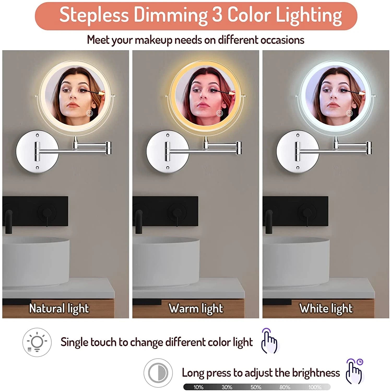 Rechargeable Wall Mounted Lighted Makeup Mirror Chrome, 8 Inch Double-Sided LED