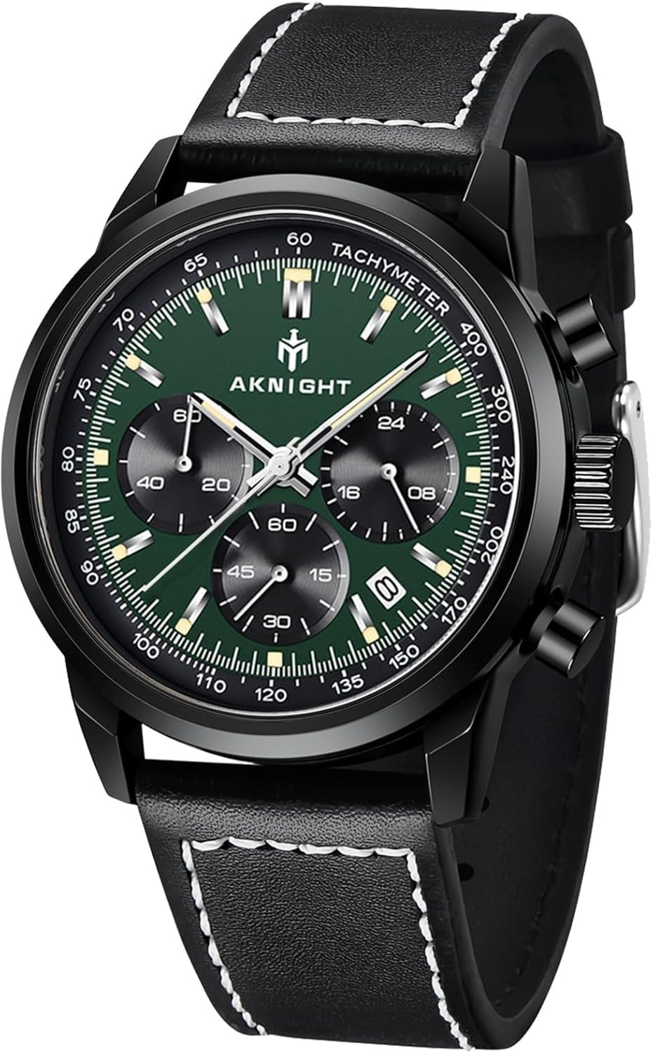 AKNIGHT Leather Watch for Men  Analog Chronograph Waterproof Black & Green