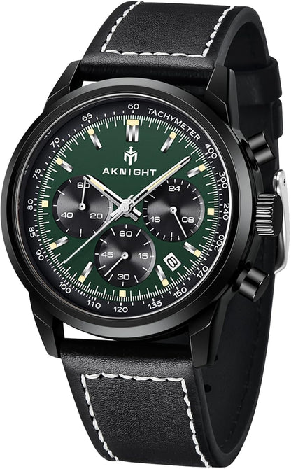 AKNIGHT Leather Watch for Men  Analog Chronograph Waterproof Black & Green