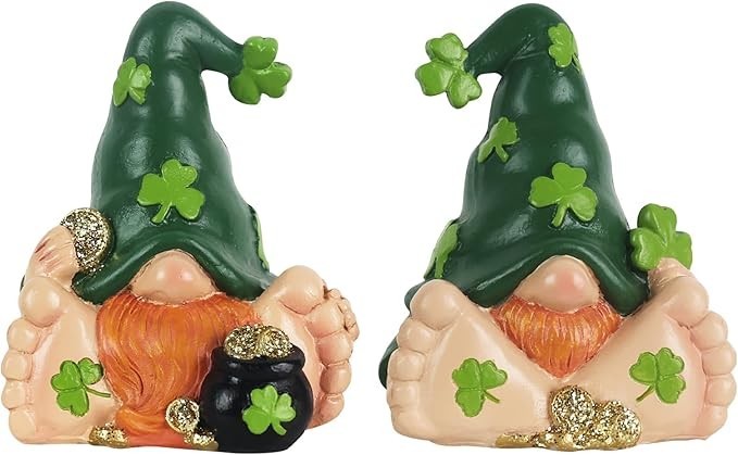 St Patrick’s Day Tabletop Decor Set – 2 Resin Gnome Leprechaun Figurines