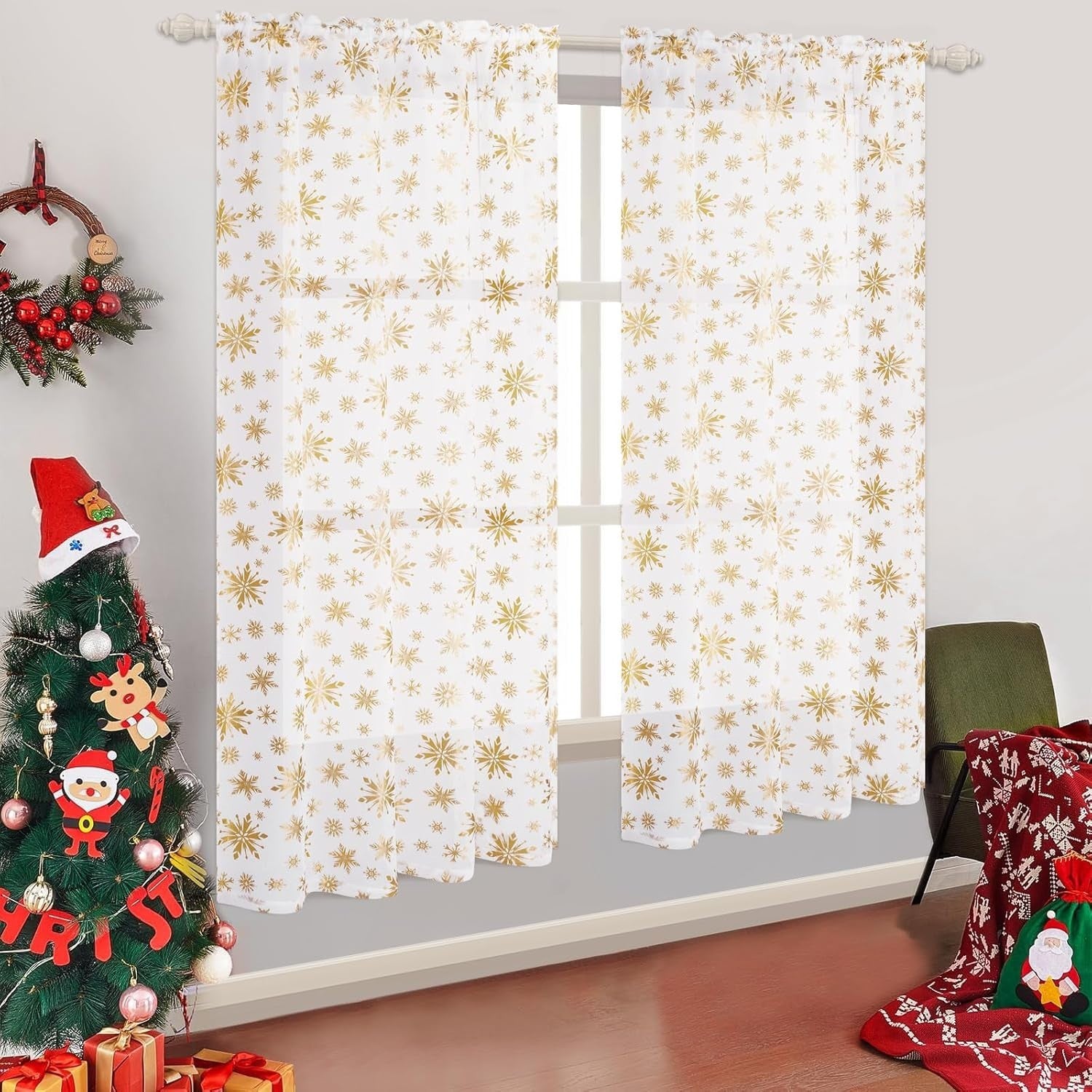 FRAMICS Christmas Sheer Curtains Decoration, Gold Snowflake Foil Print Curtains