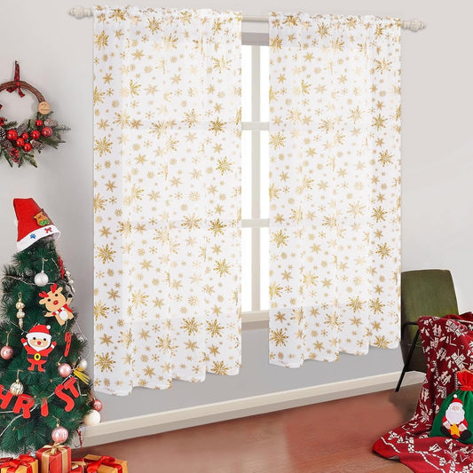FRAMICS Christmas Sheer Curtains Decoration, Gold Snowflake Foil Print Curtains