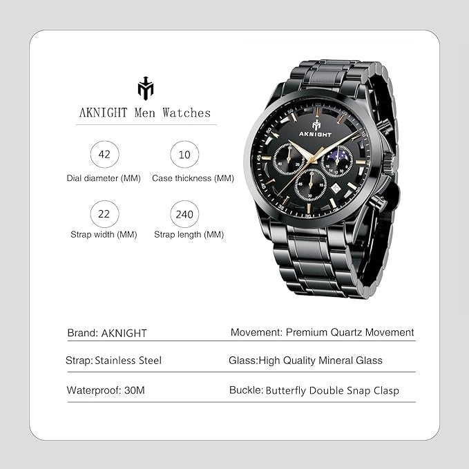 AKNIGHT Men's Watches 45mm Big Face, Waterproof Chronograph Black & Gold