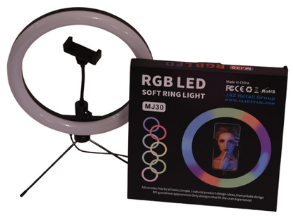 MJ30 RGB Ring Light with Phone Holder for Stabilization and Live Video Shooting