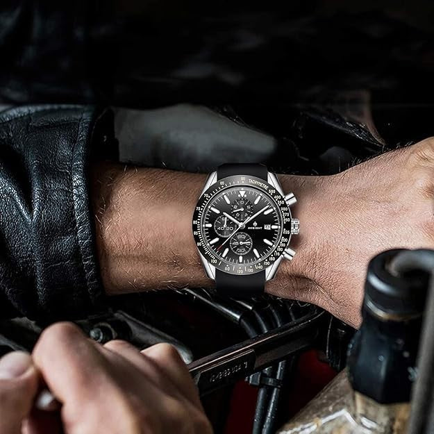 BENYAR Aknight Mens Watch Analog Quartz Chronograph Waterproof Black & Siver
