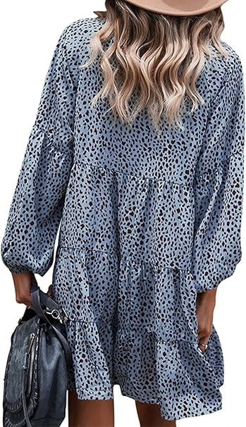 Yoyoveta Women's Blue Leopard Print Long Sleeve V-Neck Ruffled Dress XL