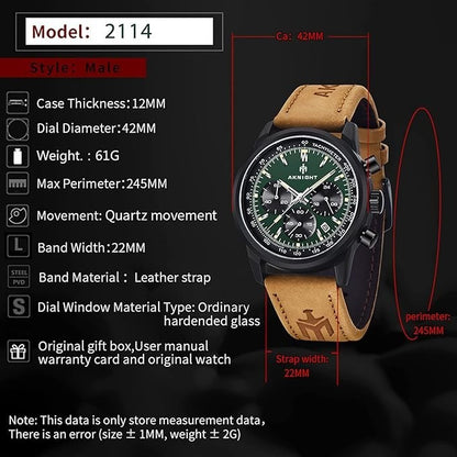 AKNIGHT Leather Watch for Men  Analog Chronograph Waterproof Black & Green