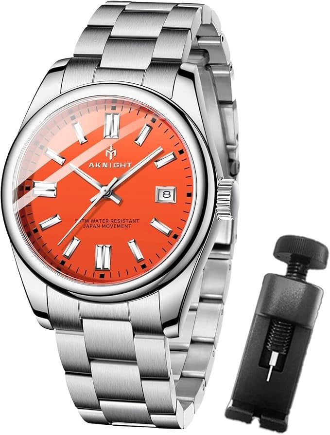 AKNIGHT Stainless Steel Watch Unisex  Analog Chronograph Waterproof Silver & Red