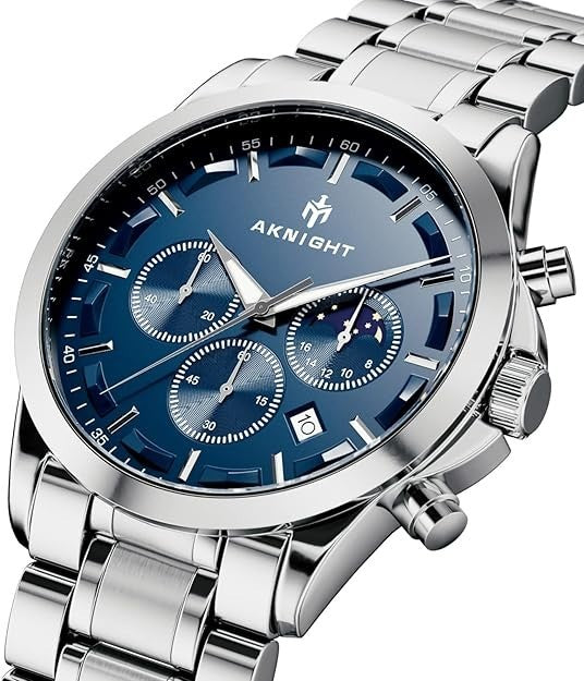 BENYAR AKNIGHT Men's Watches 45mm Big Face, Waterproof Chronograph Silver & Blue