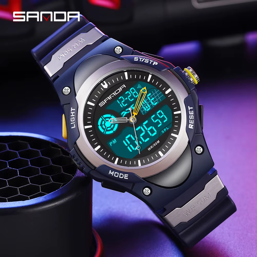SANDA Men's Electronic Watch 3117 Dual Display Waterproof Quartz Wristwatch Blue