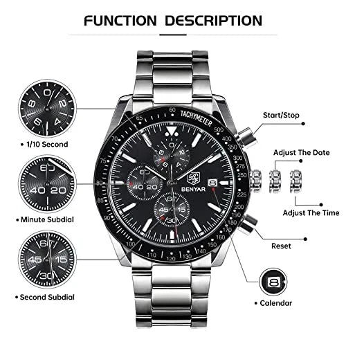 BENYAR Men's Chronograph Watch BY5140 Silver Stainless Steel, Black Dial, Quartz