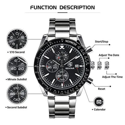 BENYAR Men's Chronograph Watch BY5140 Silver Stainless Steel, Black Dial, Quartz