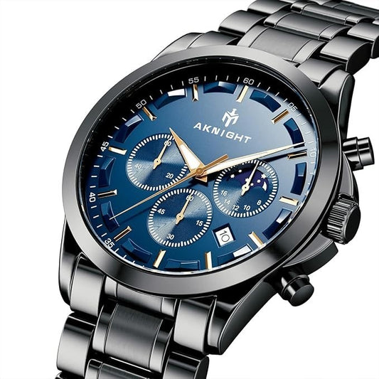 AKNIGHT Men's Watches 45mm Big Face, Waterproof Chronograph Black & Blue