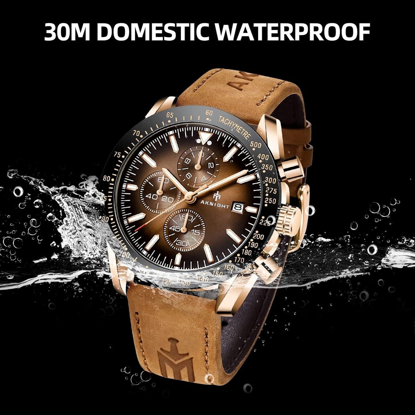 AKNIGHT Leather Watch for Men  Analog Chronograph Waterproof Copper & Brown