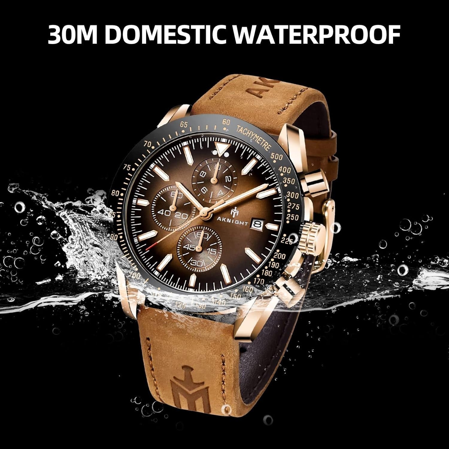 AKNIGHT Leather Watch for Men  Analog Chronograph Waterproof Copper & Brown