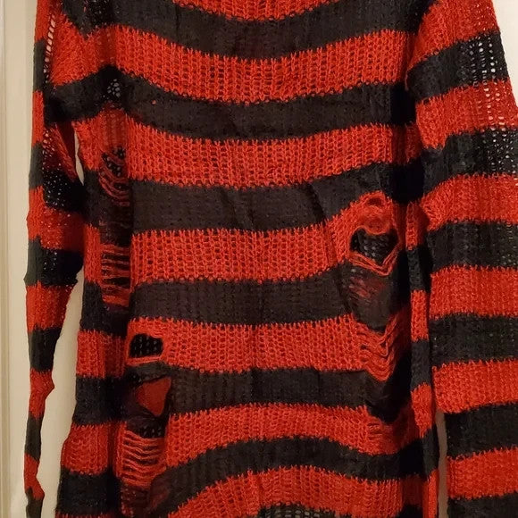 SATINIOR Red & Black Striped Gothic Sweaters Women Ripped Loose Long Knitted