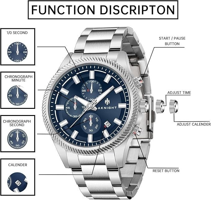 BENYAR AKNIGHT Men's Watches 45mm Big Face, Waterproof Chronograph Silver & Blue
