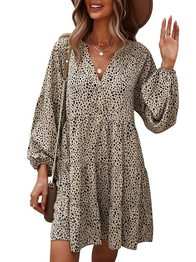 Yoyoveta Women's Black Leopard Print Long Sleeve V-Neck Ruffled Dress XL