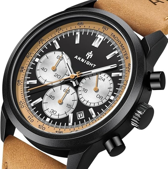 AKNIGHT Watch for Men Chronograph Analog Quartz Wristwatches Black & Brown