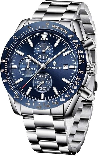AKNIGHT Men's Watches 45mm Big Face, Waterproof Chronograph Silver & Blue