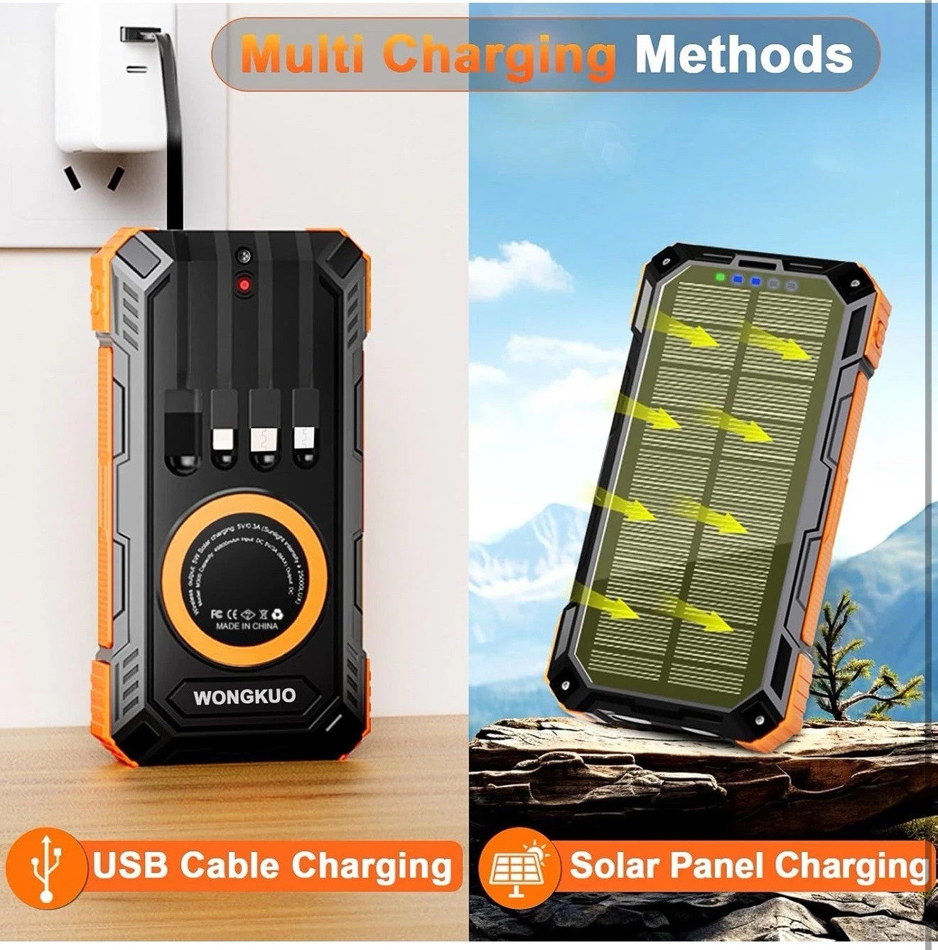 Wongkuo Solar Charger Power Bank - 49800mAh, with Built-In Charging Cords