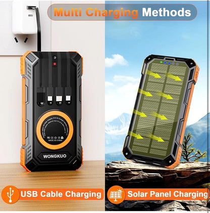 Wongkuo Solar Charger Power Bank - 49800mAh, with Built-In Charging Cords