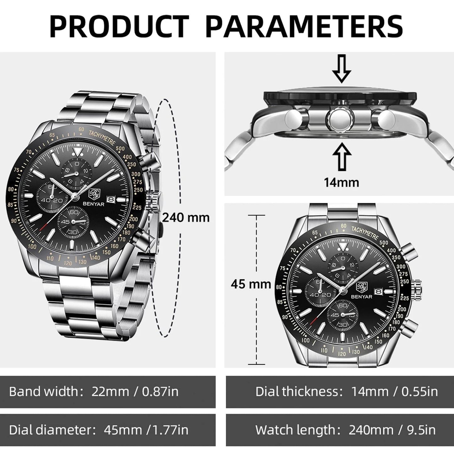 BENYAR Men's Chronograph Watch BY5140 Silver Stainless Steel, Black Dial, Quartz