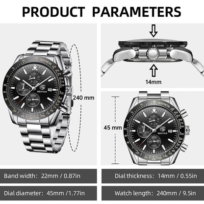 BENYAR Men's Chronograph Watch BY5140 Silver Stainless Steel, Black Dial, Quartz