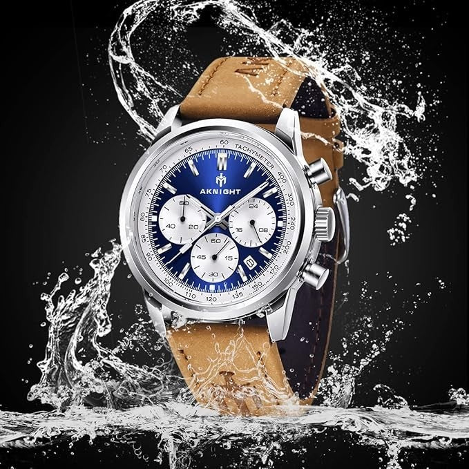 AKNIGHT Leather Watch for Men  Analog Chronograph Waterproof Silver & Blue