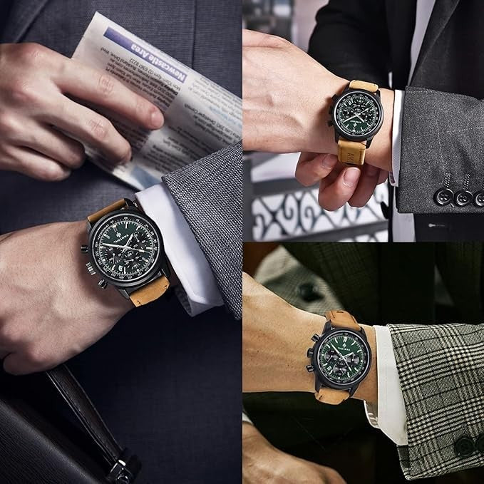 AKNIGHT Leather Watch for Men  Analog Chronograph Waterproof Black & Green