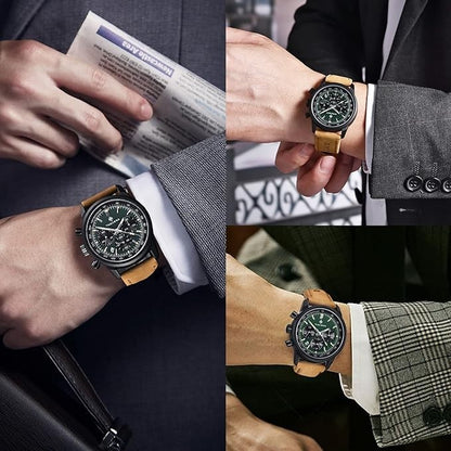 AKNIGHT Leather Watch for Men  Analog Chronograph Waterproof Black & Green